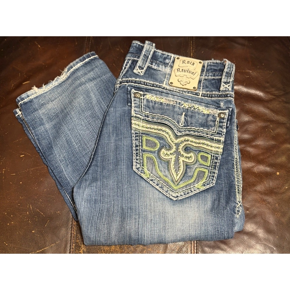 Rock Revival Lowry Straight Men's Jeans 34R Green pockets 34x30 Y2K ** READ!